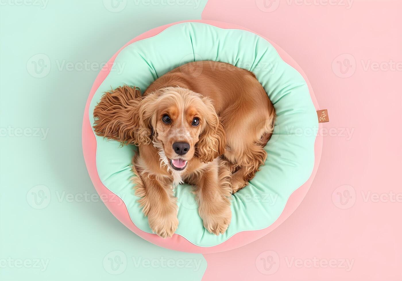 Cocker Spaniel in Donut-Shaped Dog Bed Top View photo