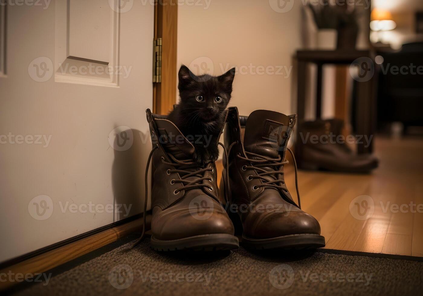 Kitten Sitting Inside Large Boots by the Door photo