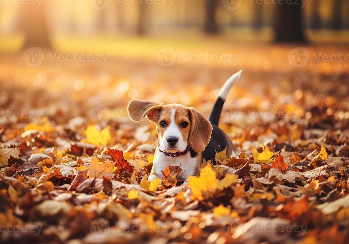 Beagle Lying in Autumn Leaves in Forest Park photo