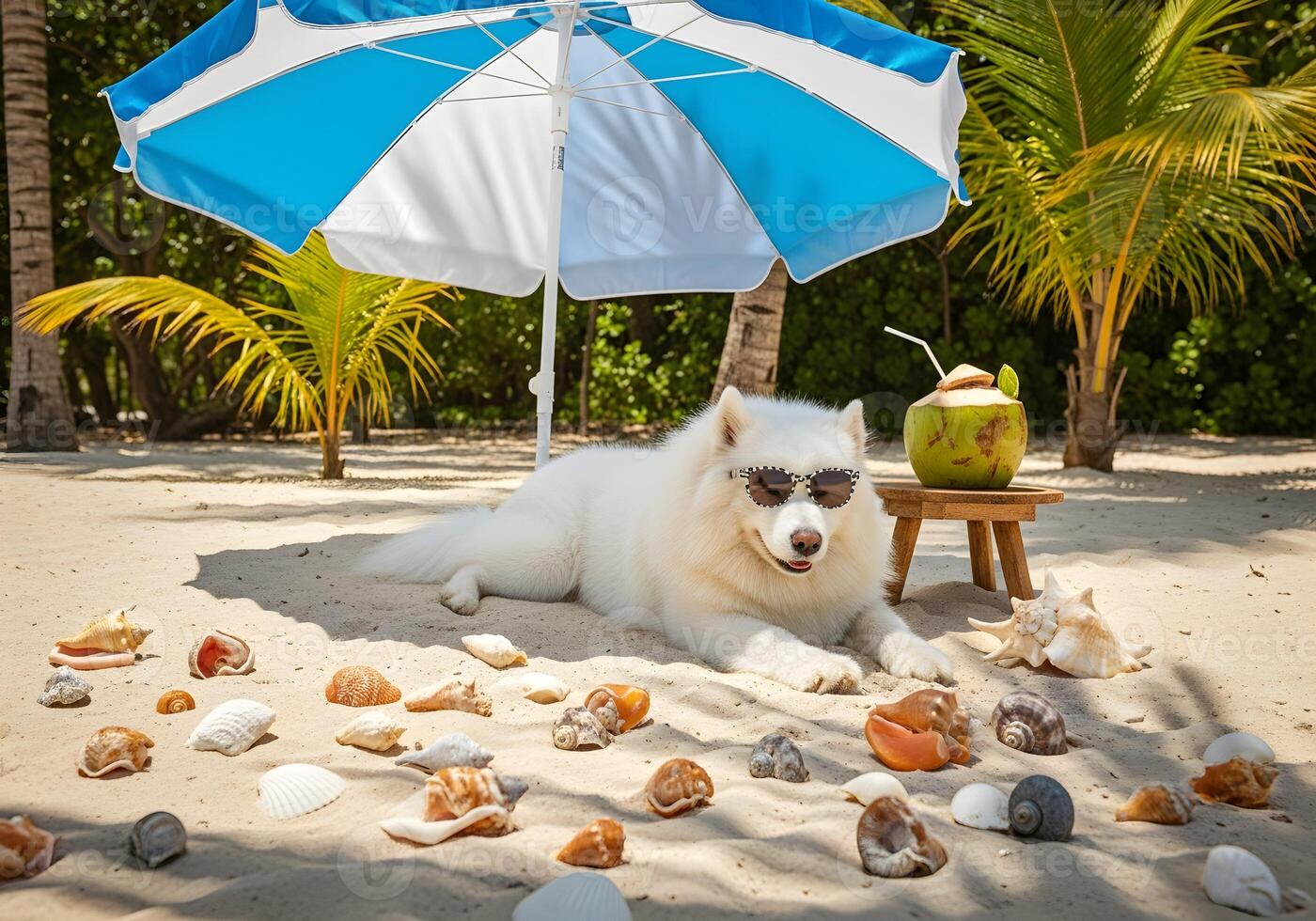 Dog in Sunglasses Under Beach Umbrella photo