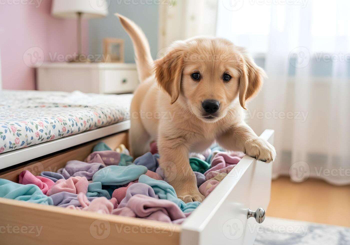 Puppy Climbing into Drawer Full of Socks photo