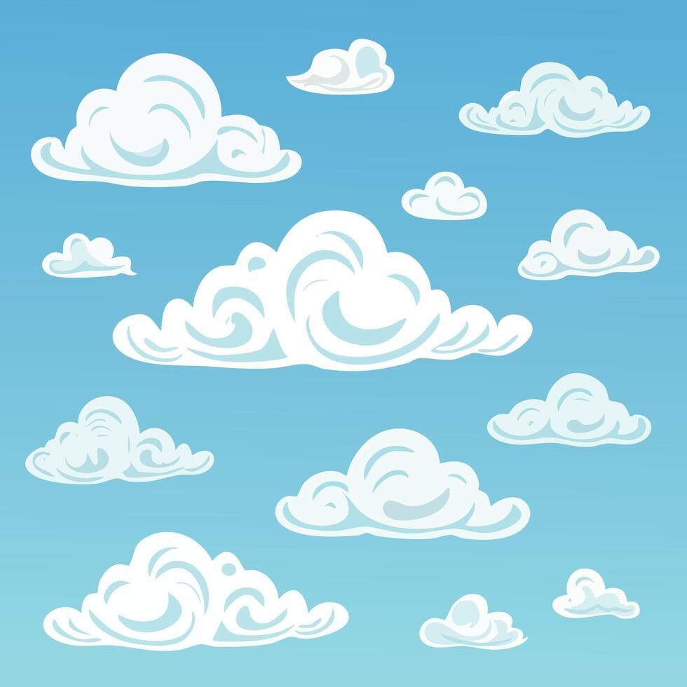 Cartoon clouds in various shapes and sizes against a gradient blue sky vector