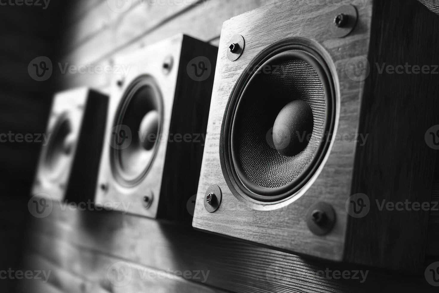 Black and white image of speakers on a wall photo