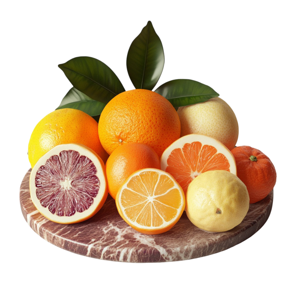 Fresh Citrus Fruit Arrangement with Leaves png