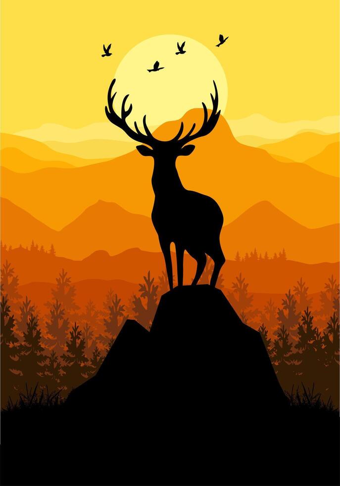 deer silhouette against a sunset mountain landscape vector