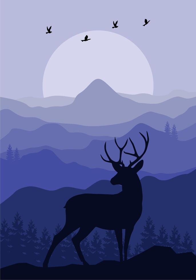 majestic deer stands silhouetted against a serene mountain landscape vector