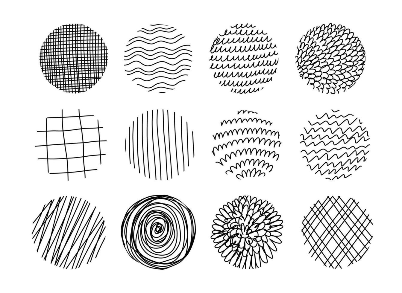Big Set of round Abstract black Backgrounds or Patterns. Hand drawn doodle spots, drops, curves and lines. Modern trendy illustration. vector