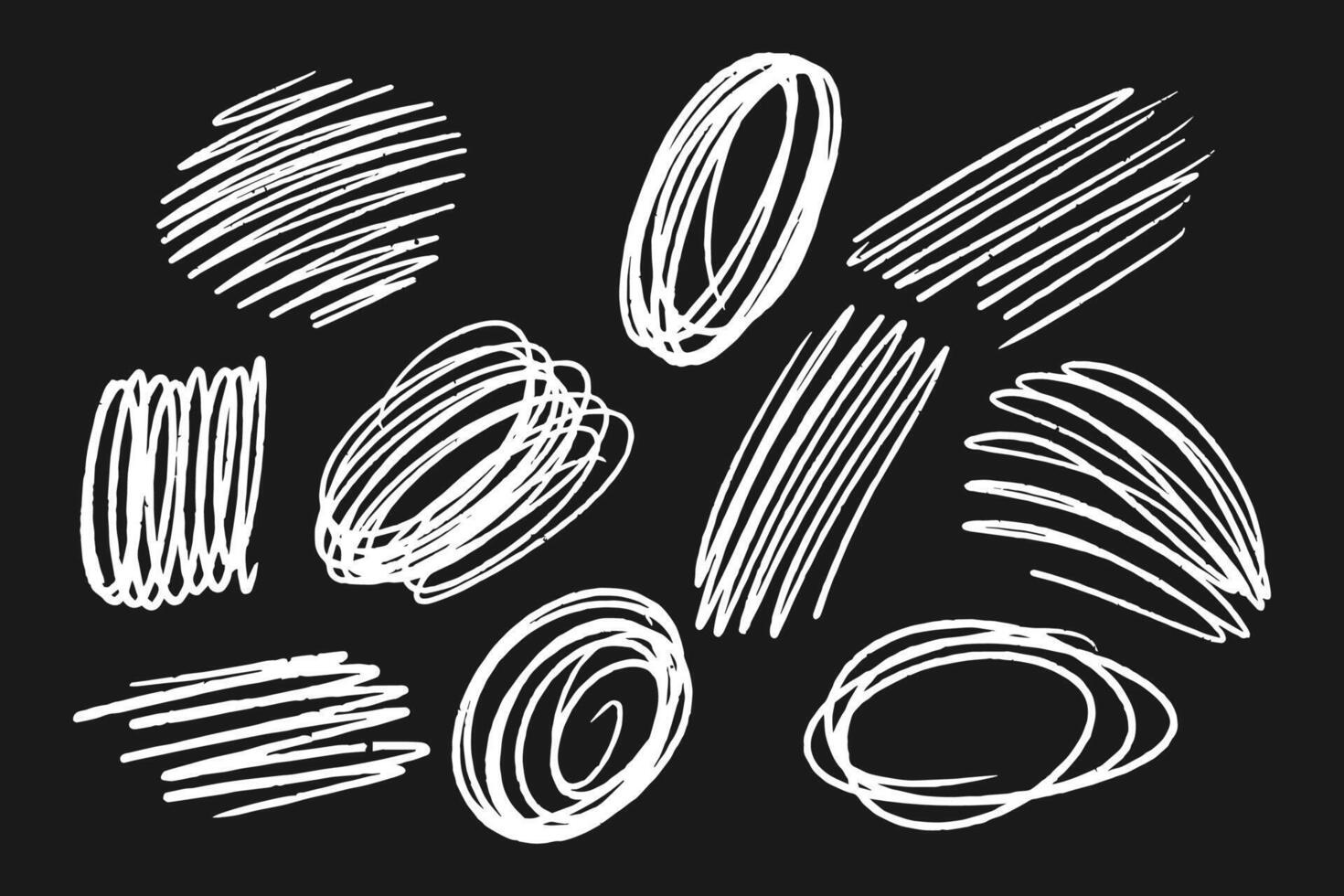 Set of hand drawn abstract pencil scribbles, messy strokes, and lines, white on black, for creative backgrounds, textures, or artistic compositions vector