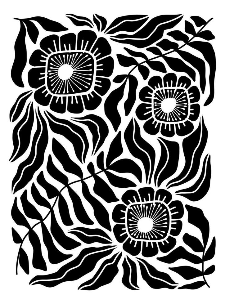 Flat Illustration inspired by Henri Matisses cut out style, featuring bold abstract flowers with leaves in black colors, hand drawn on a white background. vector