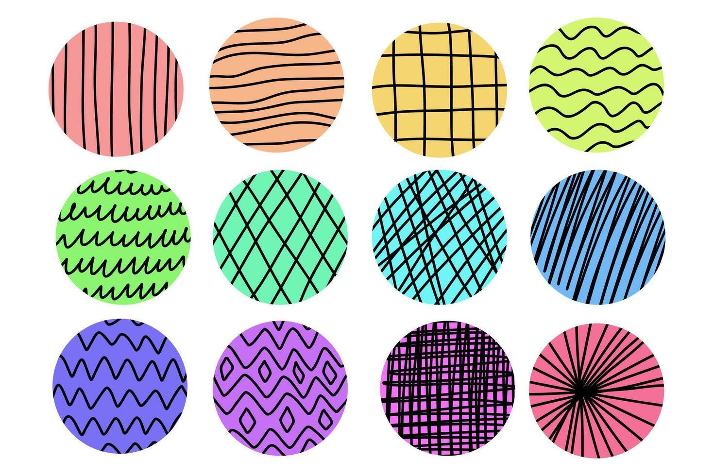 Set of round Abstract colorful Patterns. Hand drawn doodle spots, drops, curves and lines. Modern trendy illustration. vector