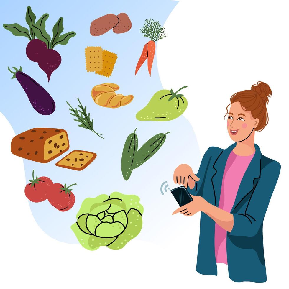 Woman choosing groceries with smartphone vector