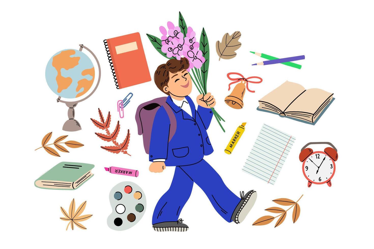 Boy carrying flowers and school supplies vector