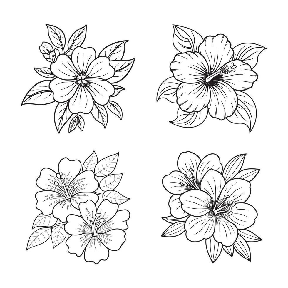 Hand Drawn Flower Bouquet Line Art Set vector