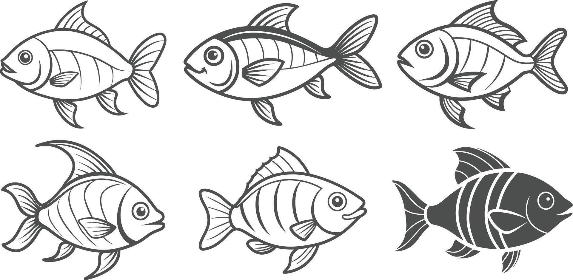 Fish Silhouette Illustration Line Art Bundle Set for Coloring Page vector