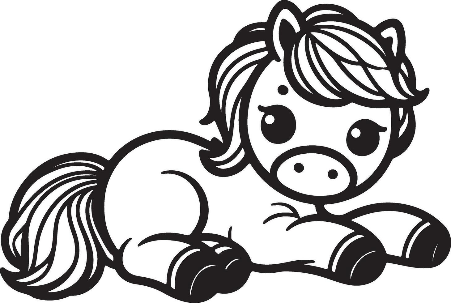 A cartoon horse laying down coloring page vector
