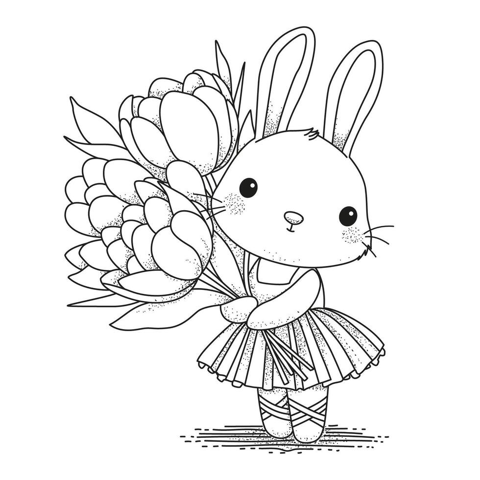 Cute bunny stands with a huge bouquet of flowers. Coloring page for children and adults. Illustration for coloring. vector