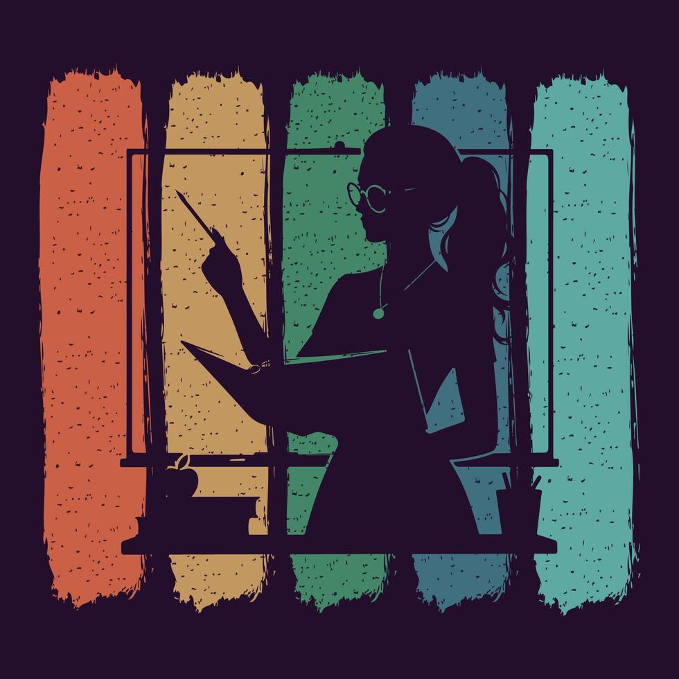 Retro Teacher Silhouette with Chalkboard Grunge Classroom Art Vintage Female Teacher Illustration Rainbow Classroom Design vector