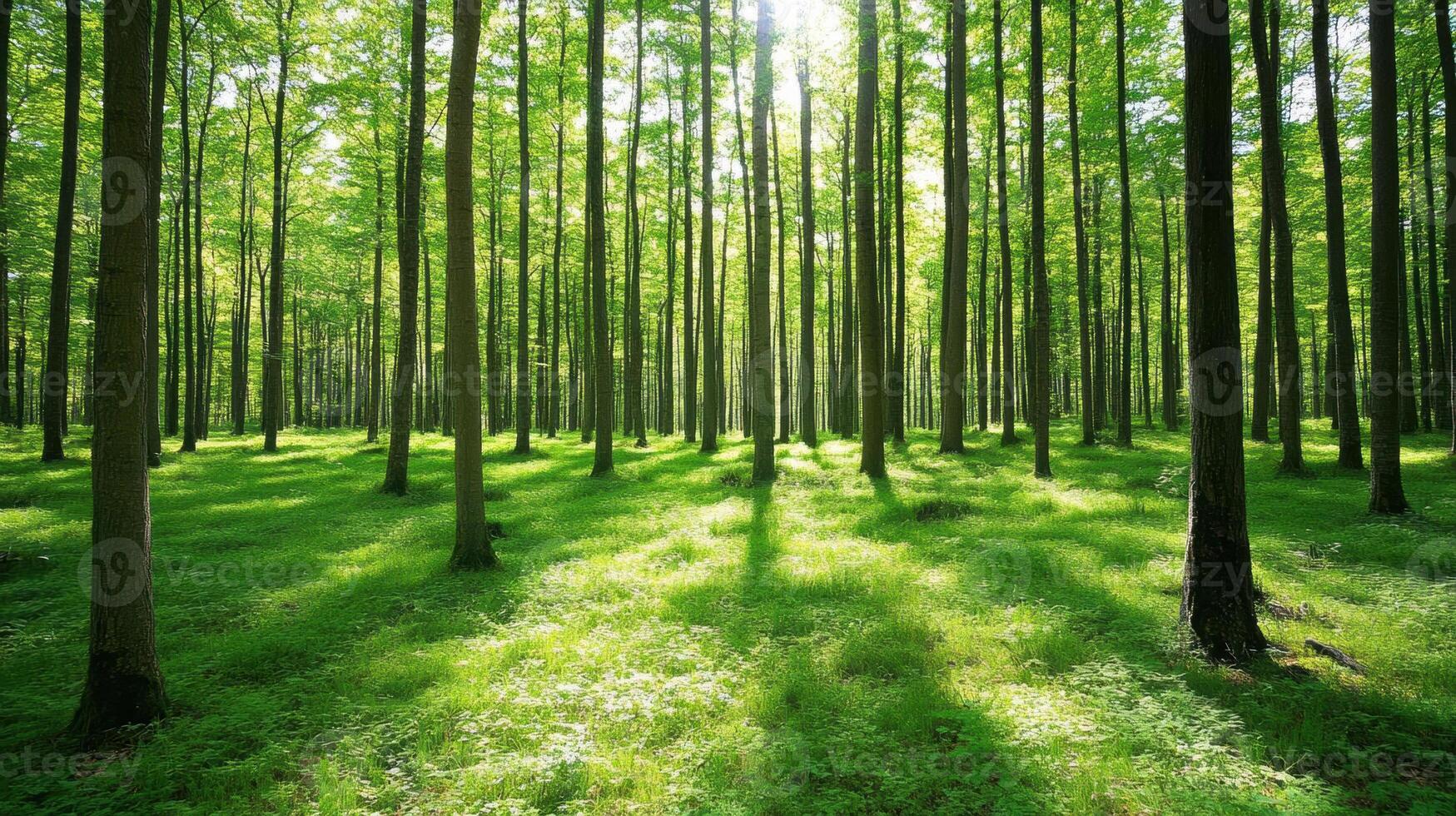 Sunlight Filters Through Trees in Lush Green Forest with Spring Vibes photo