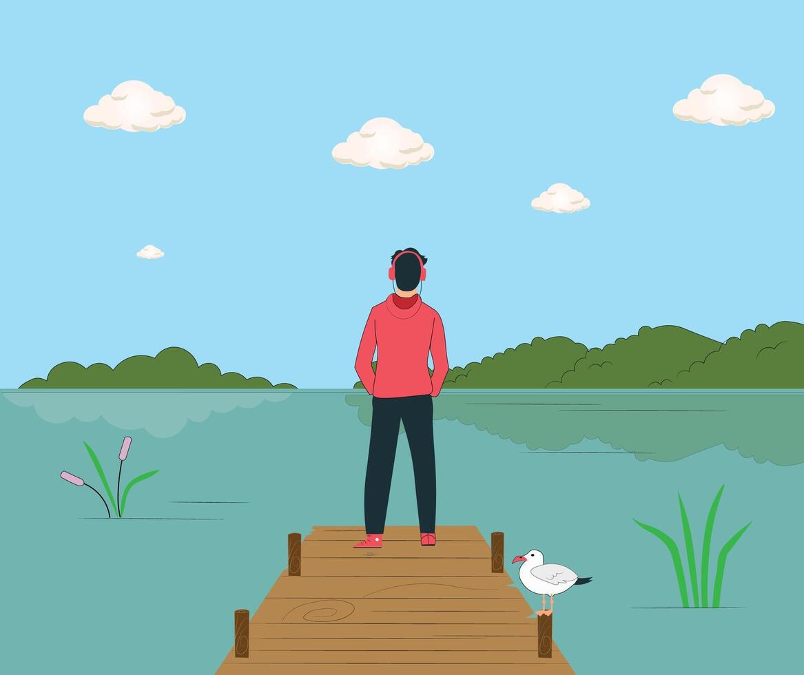 Young Boy Relaxing Alone In A Serene Lake vector