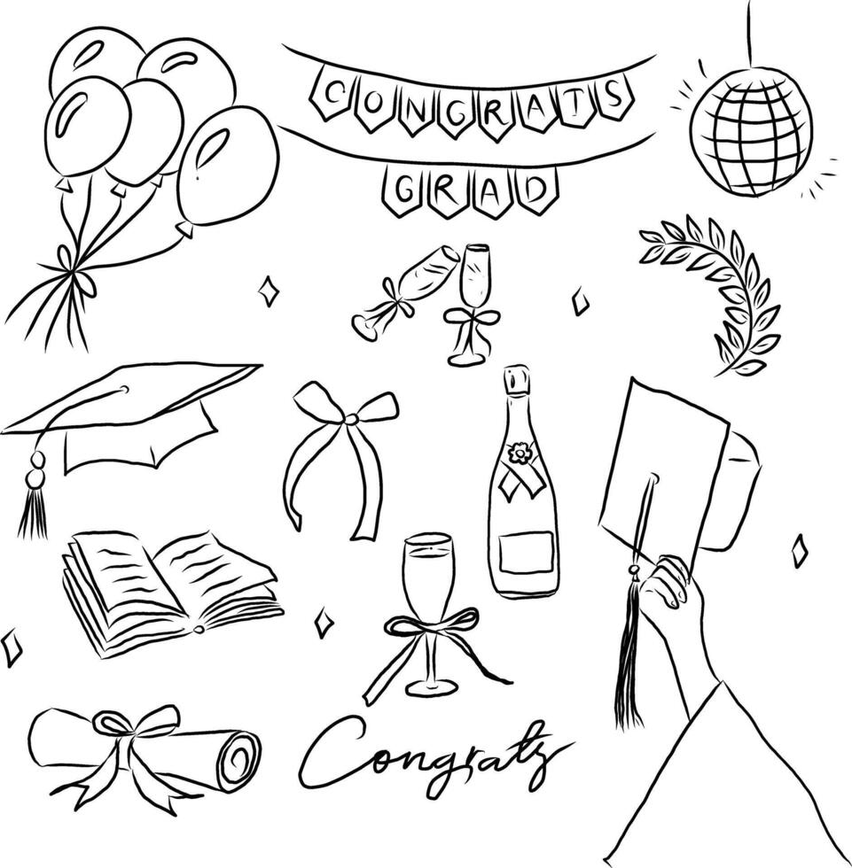 Hand Drawn Graduation Celebration Clipart Black Line Art Set vector