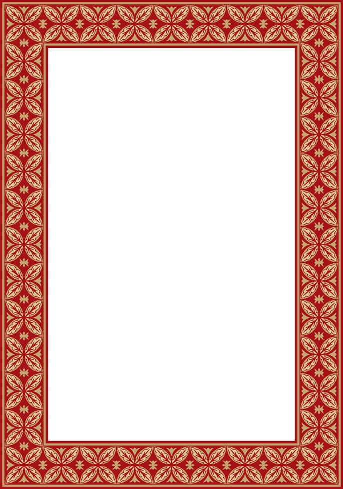 square gold with red ancient Russian ornament. Slavic rectangle, border, frame. Painting royal chambers. vector