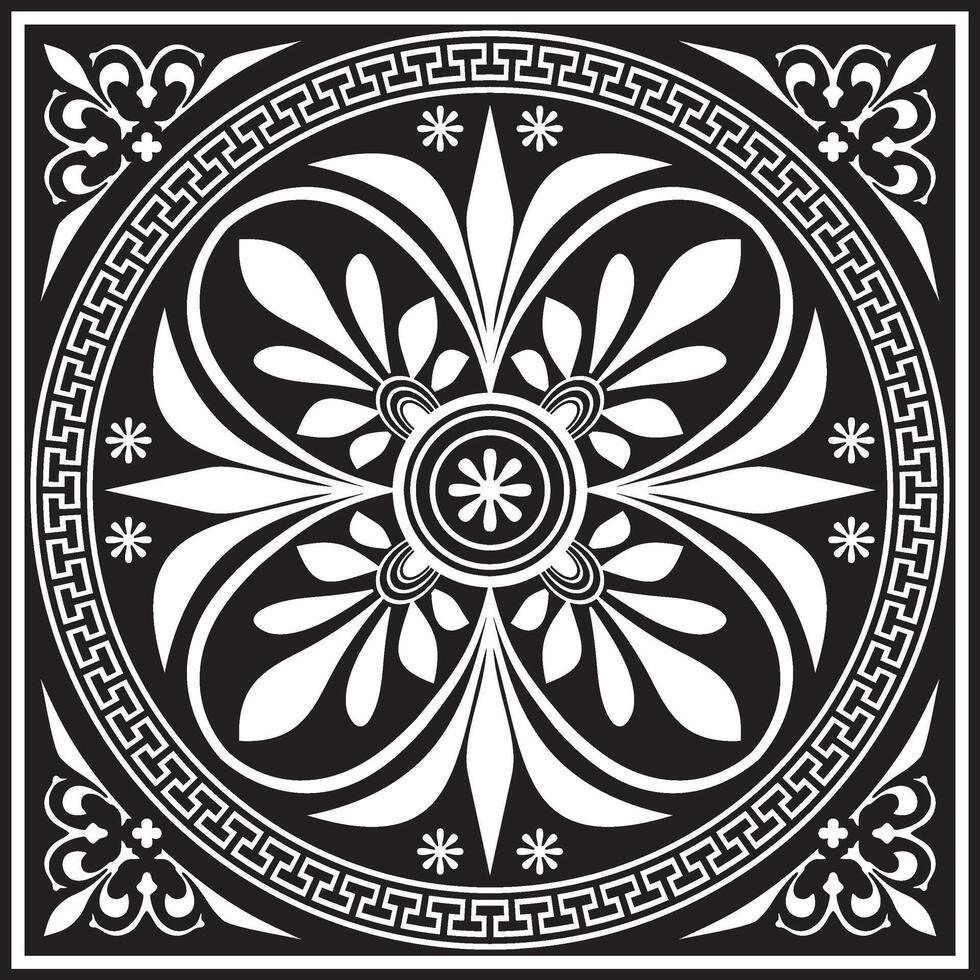 black monochrome classic Greek square ornament. Rectangle of Ancient Greece and Roman Empire. Byzantine painting of walls, floors and ceilings, Decoration of European palaces. vector