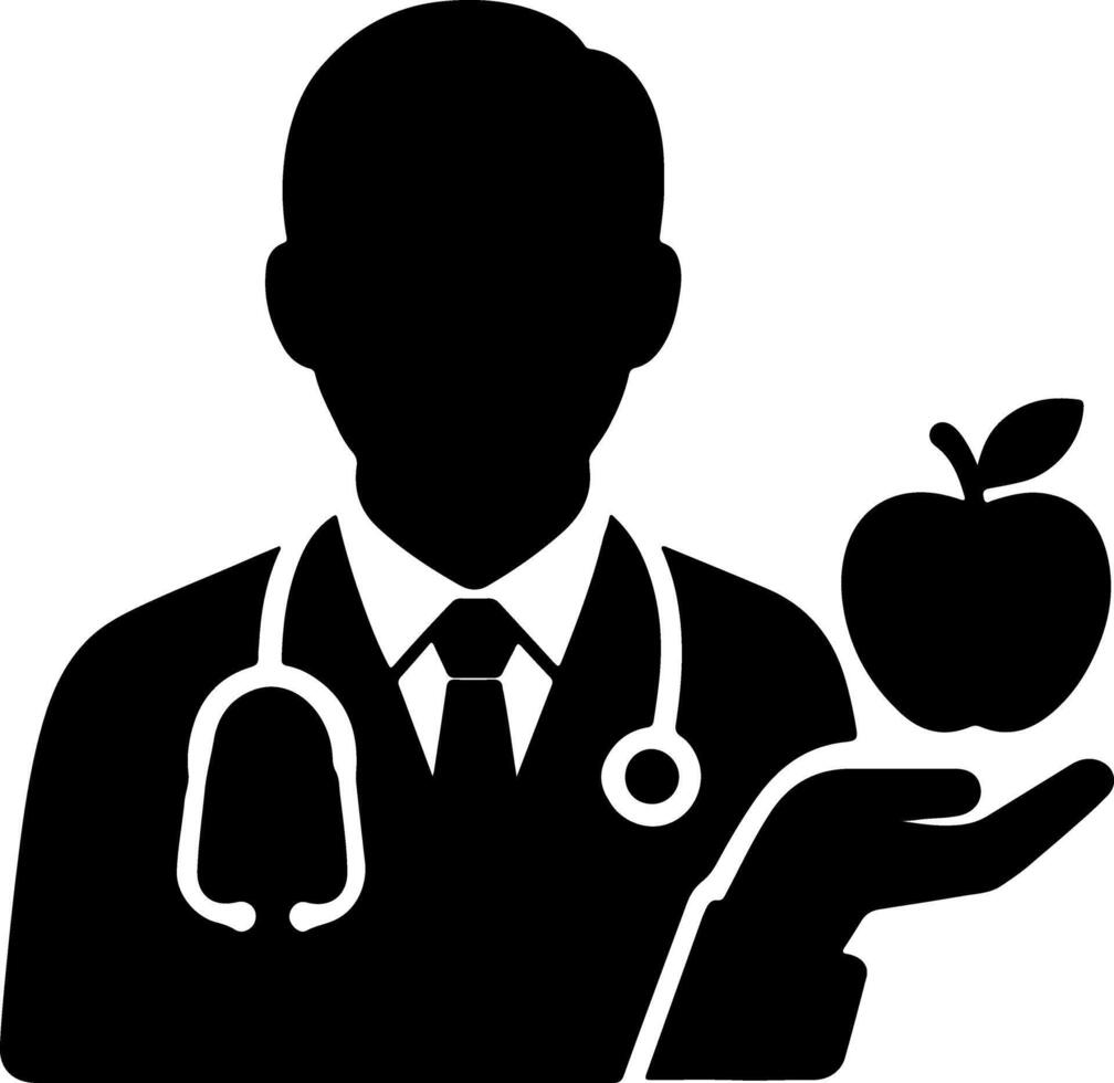 Doctor holding an apple in a simple silhouette style vector