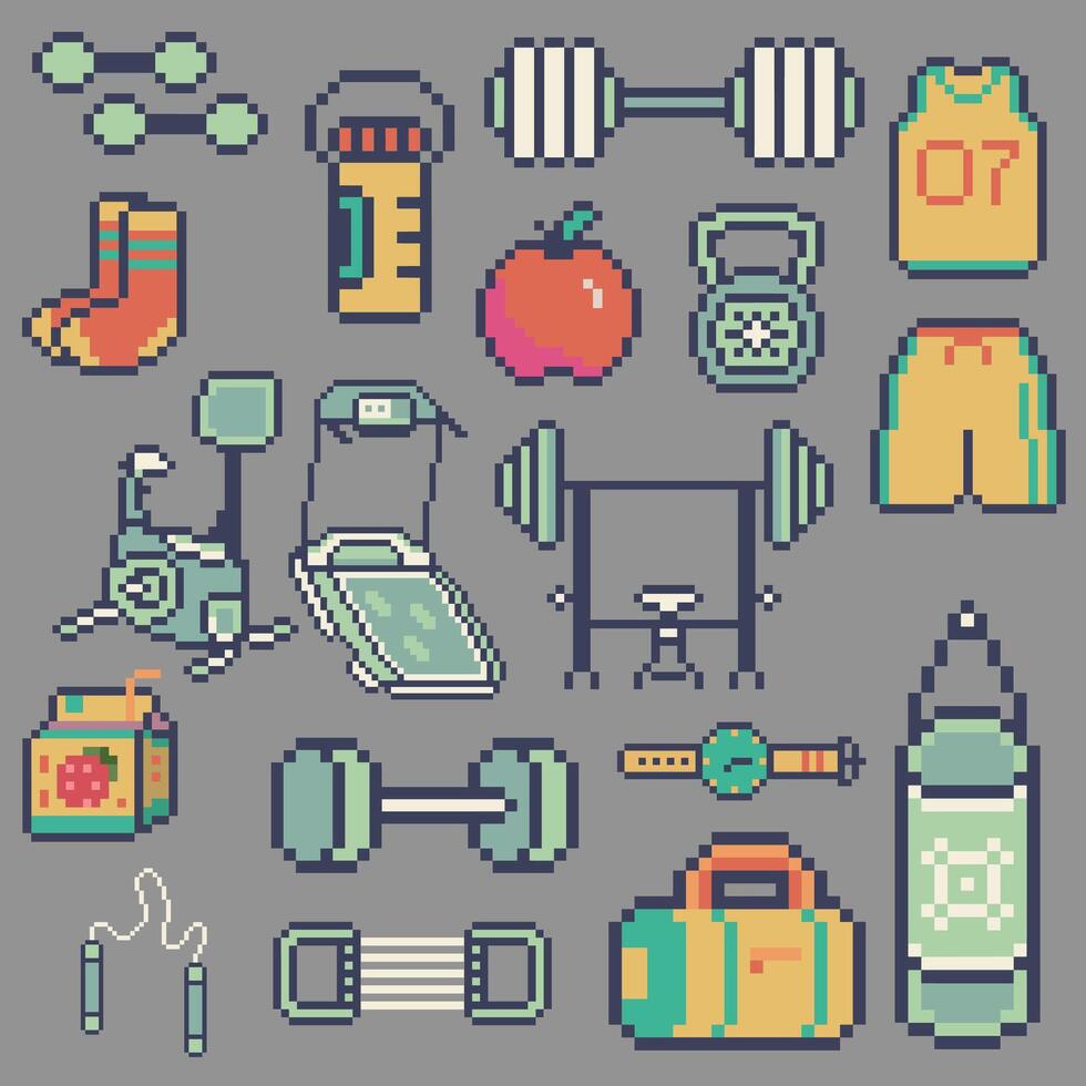 Pixel art fitness items and equipment vector