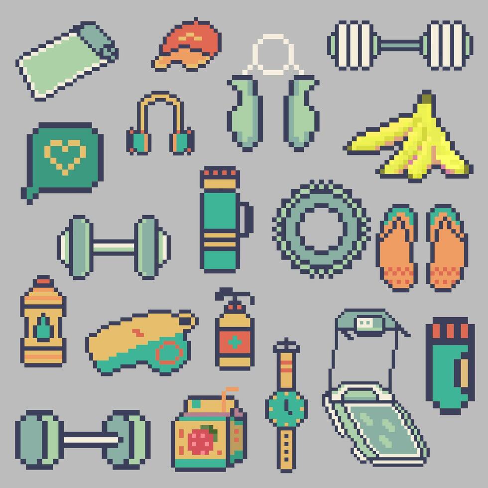 Pixel art fitness gear and equipment vector