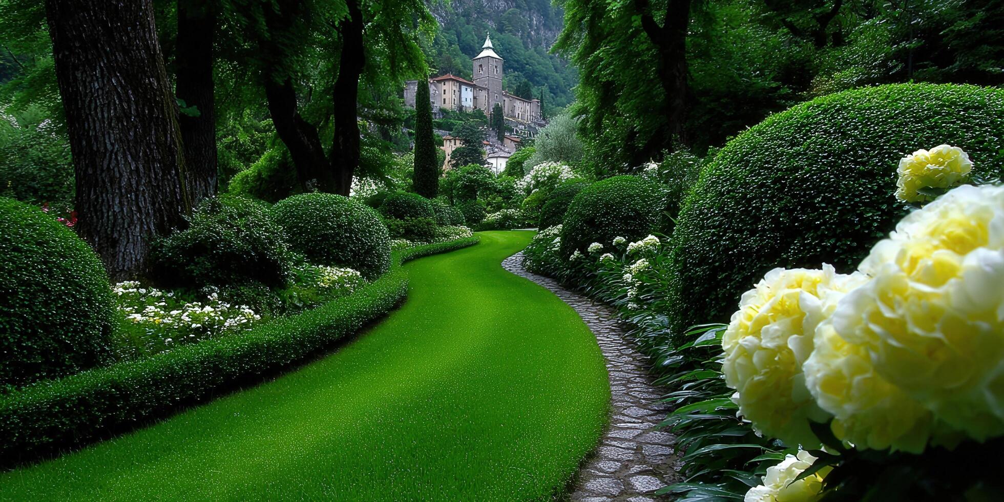 A serene garden path leads to a majestic castle, surrounded by vibrant greenery and flowers. photo