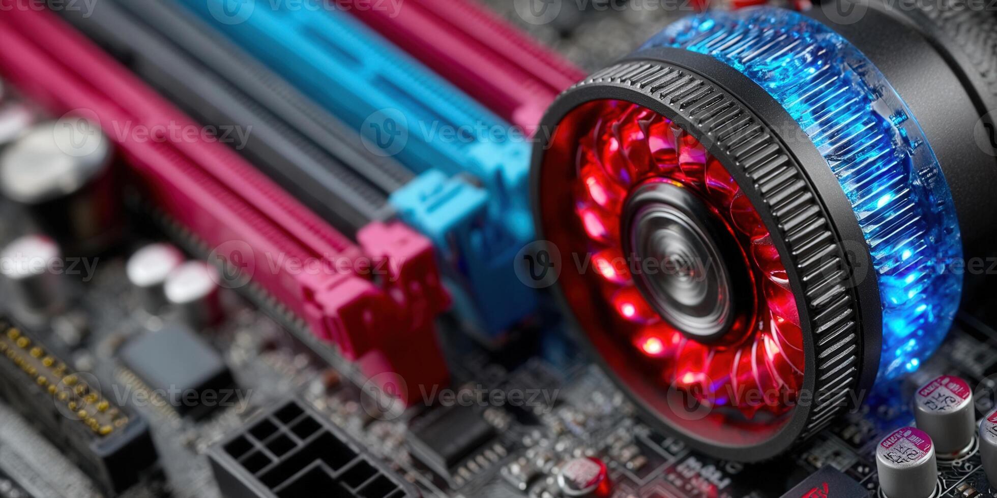 Close-up of a computer motherboard with a glowing red and blue fan, showcasing tech photo