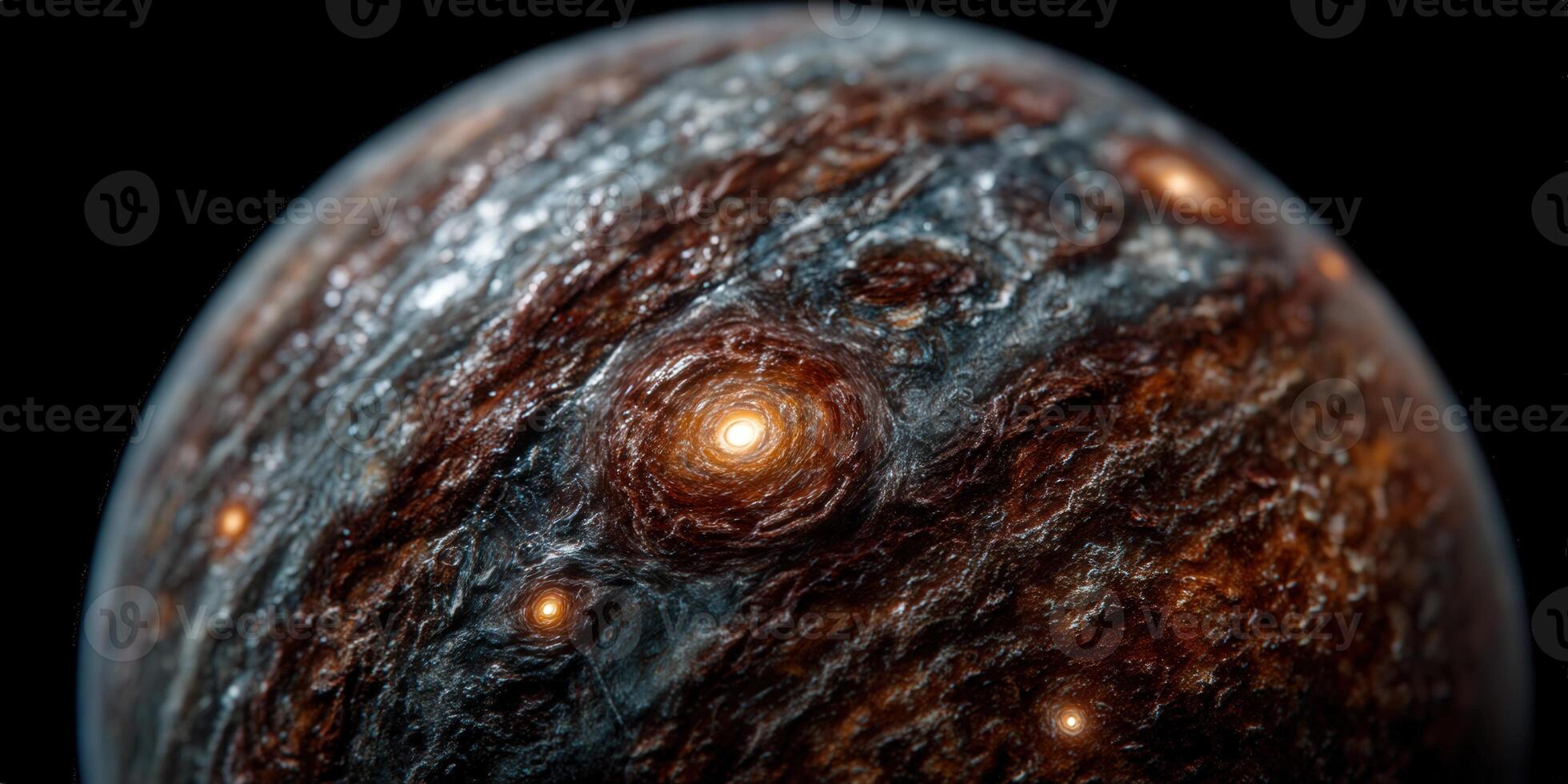Close-up view of an alien planet with a textured surface, glowing with light in deep space. photo