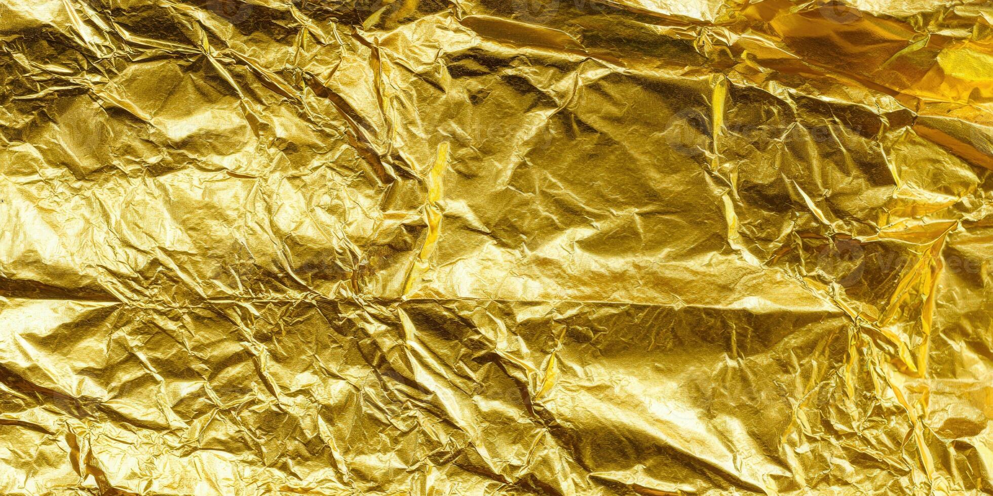 A close-up of a shiny, textured sheet of crumpled gold foil, perfect for backgrounds. photo