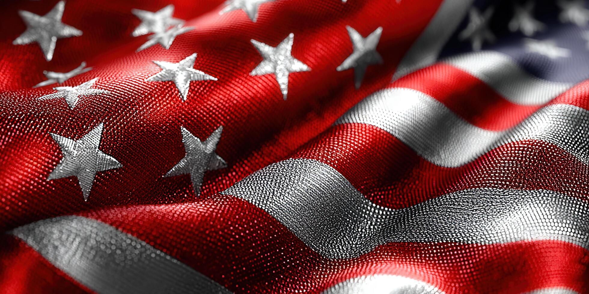 The American flag waves, displaying its stars and stripes in a textured close-up view. photo