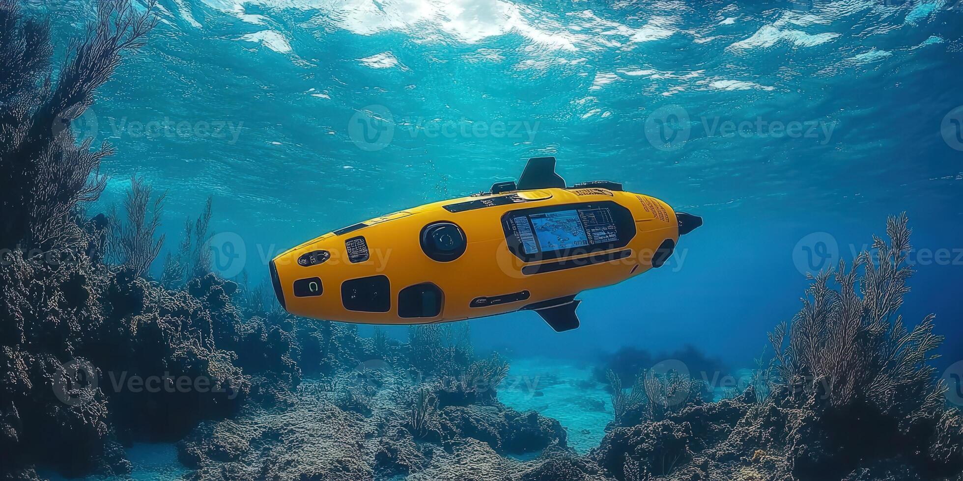 A yellow submarine gracefully navigates the vibrant coral reef, offering a glimpse into the underwater world. photo