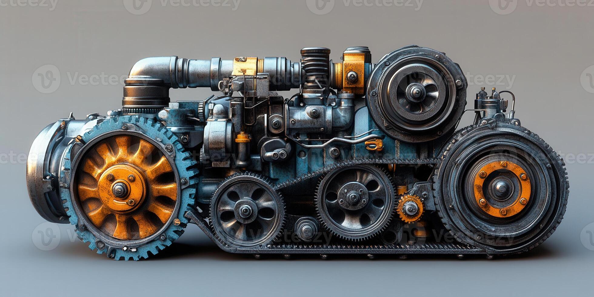 Intricate steampunk machine with gears, wheels, and a complex design, showcasing industrial artistry. photo
