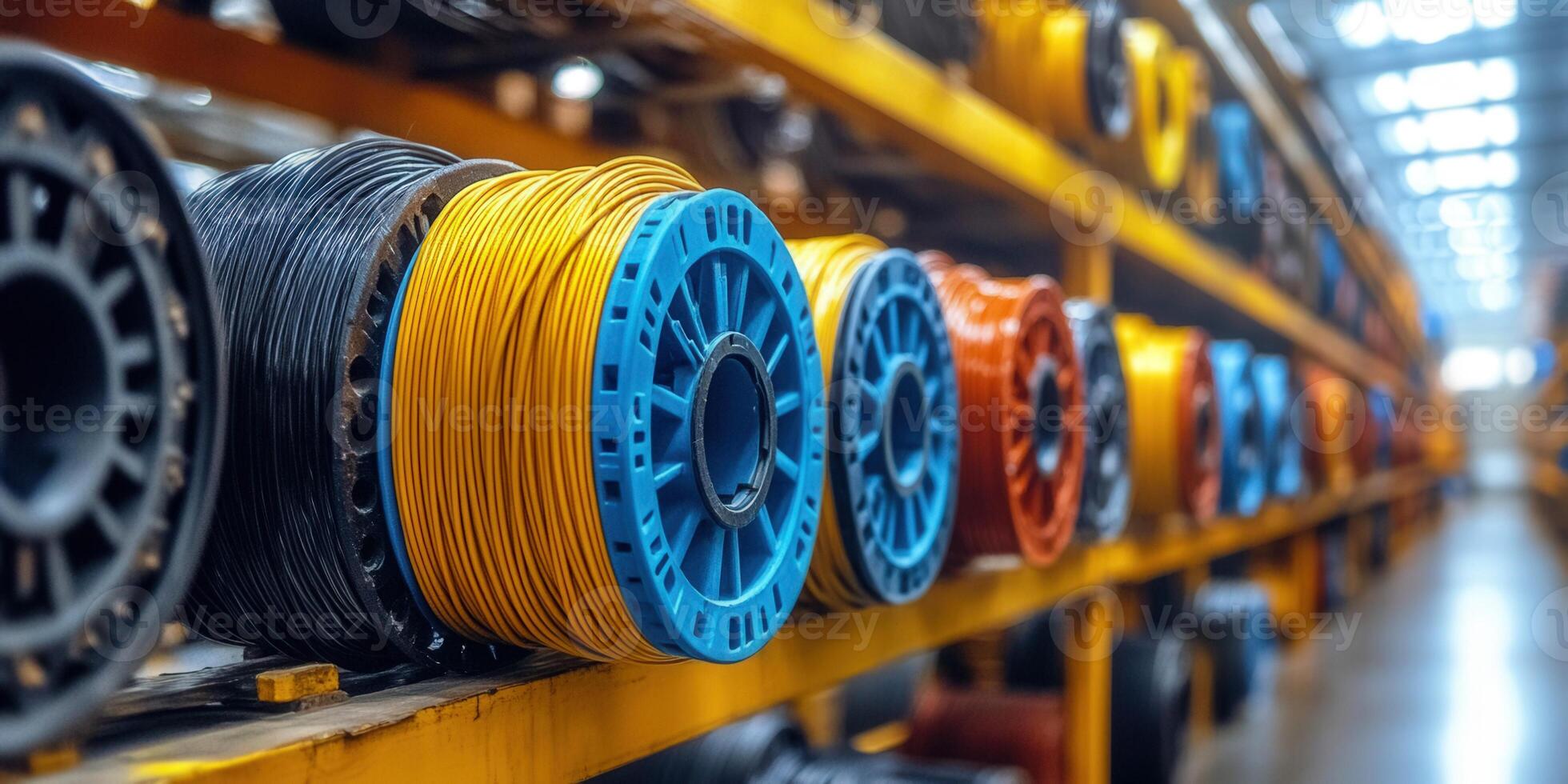 Colorful spools of electrical wire neatly stored on warehouse shelves, ready for use. photo