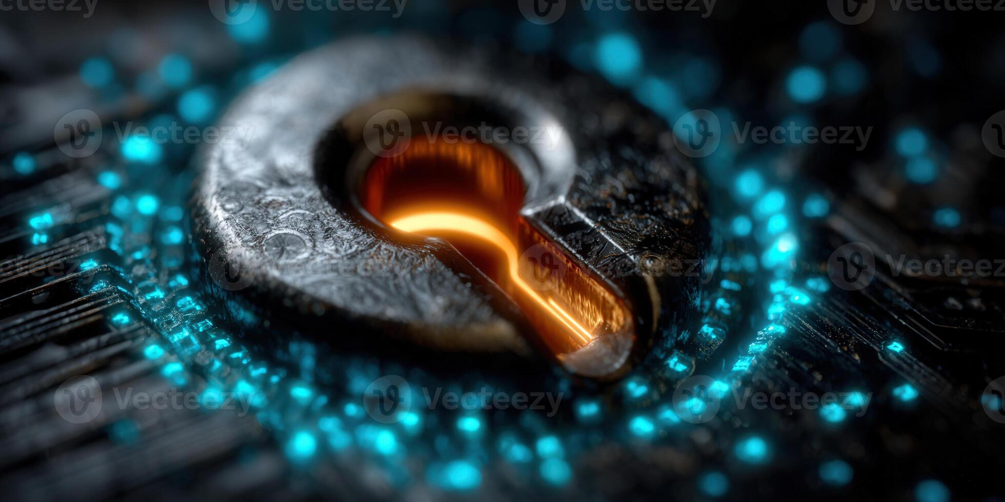 Illuminated keyhole on a circuit board, symbolizing digital security and access. photo