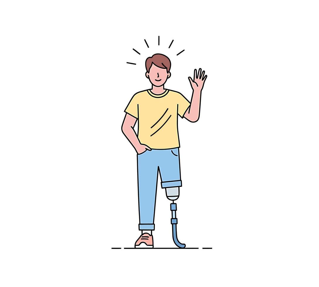 A man with a prosthetic leg standing with his hand up vector