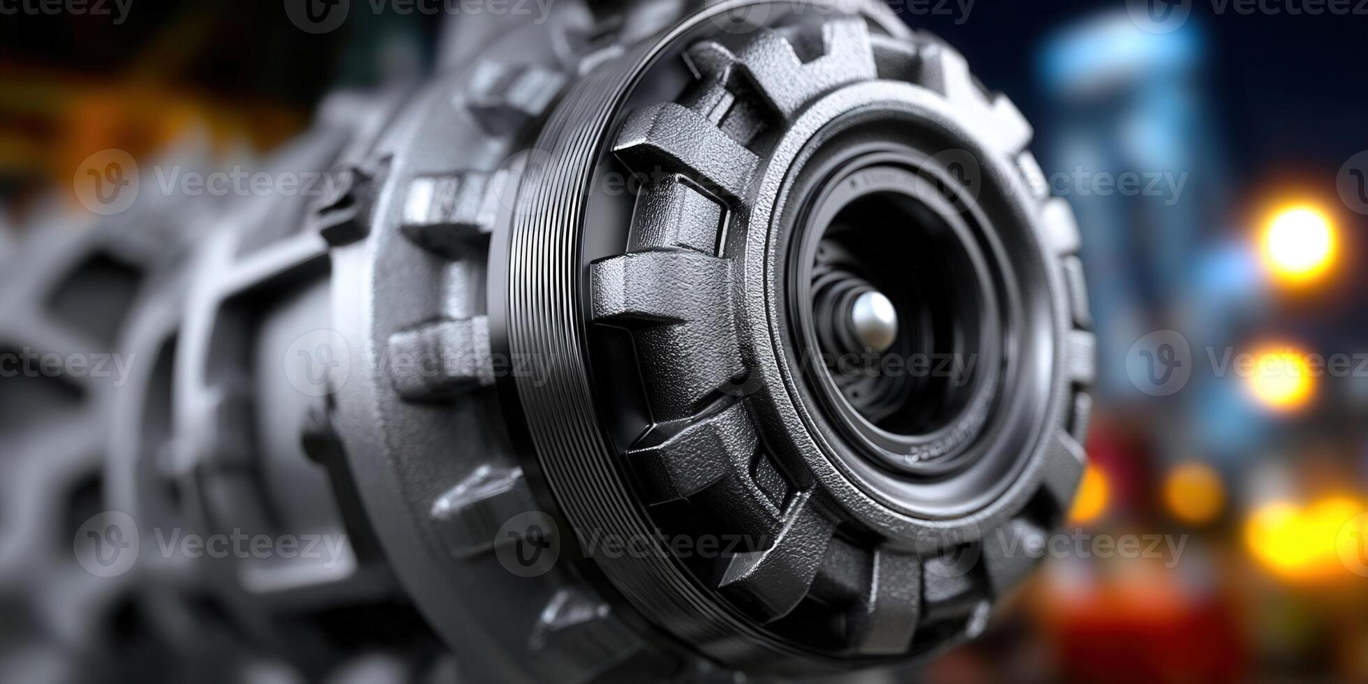 A detailed close-up of an industrial gear mechanism with a shallow depth of field. photo