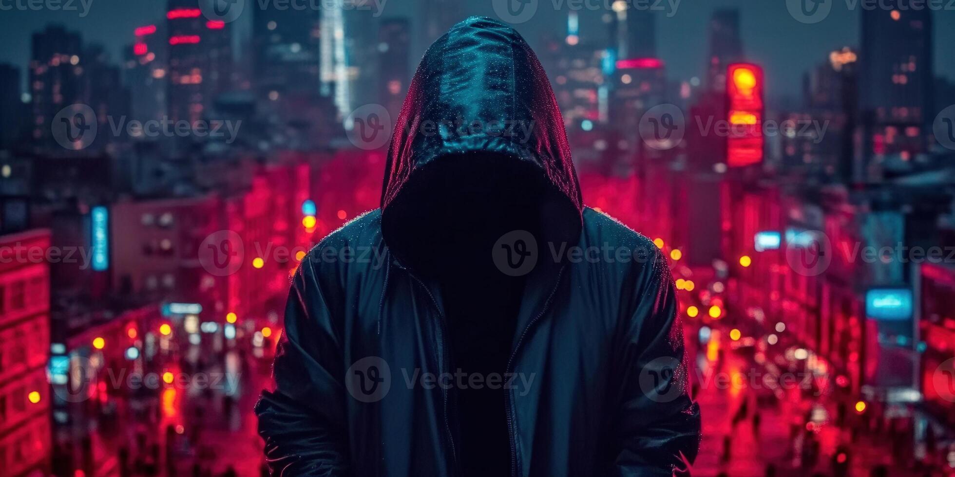 Mysterious hooded figure in a neon-lit cityscape at night with dramatic lighting and atmosphere. photo