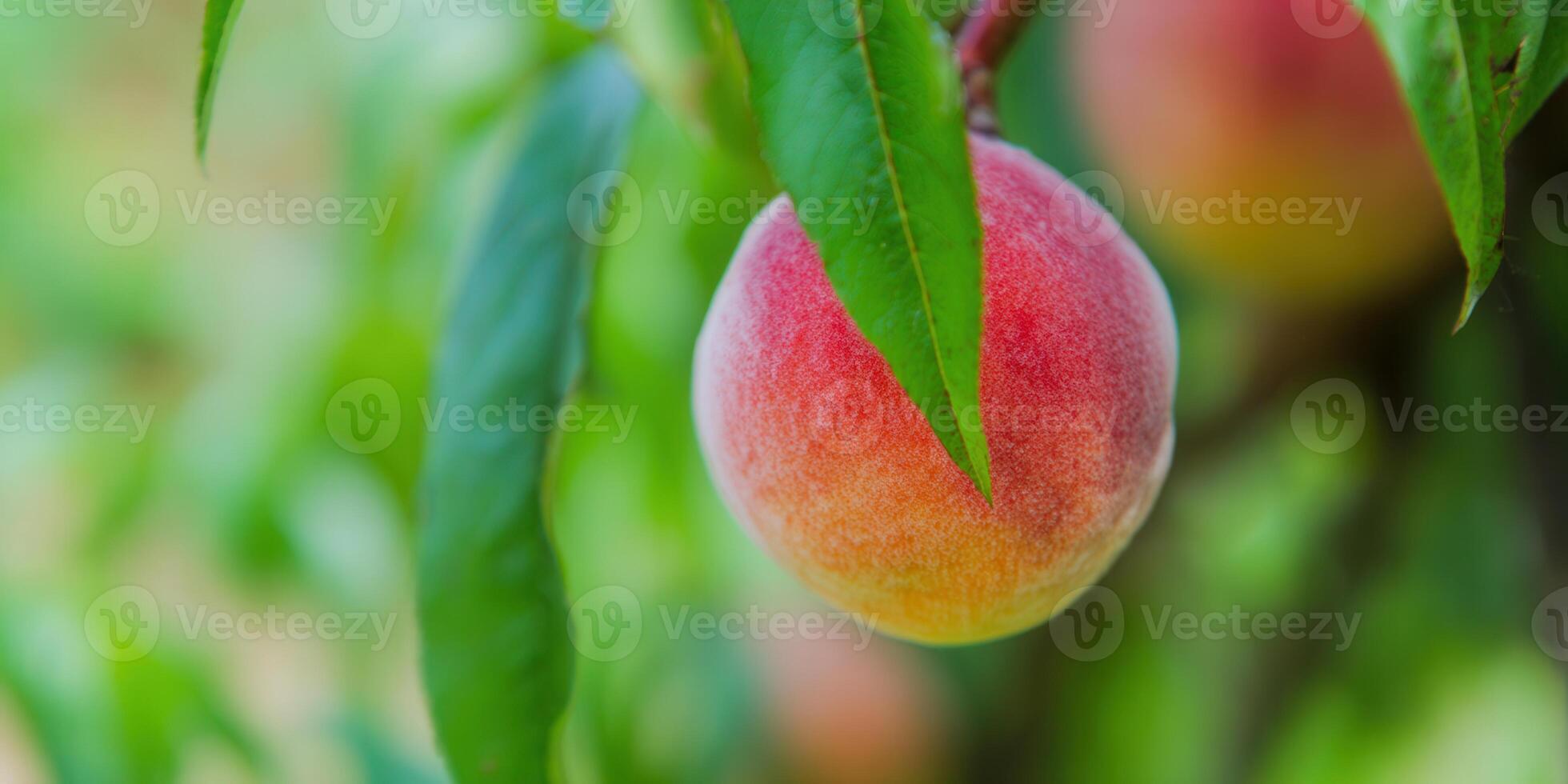 A beautiful ripe peach hangs on a branch, surrounded by green leaves and soft sunlight. photo