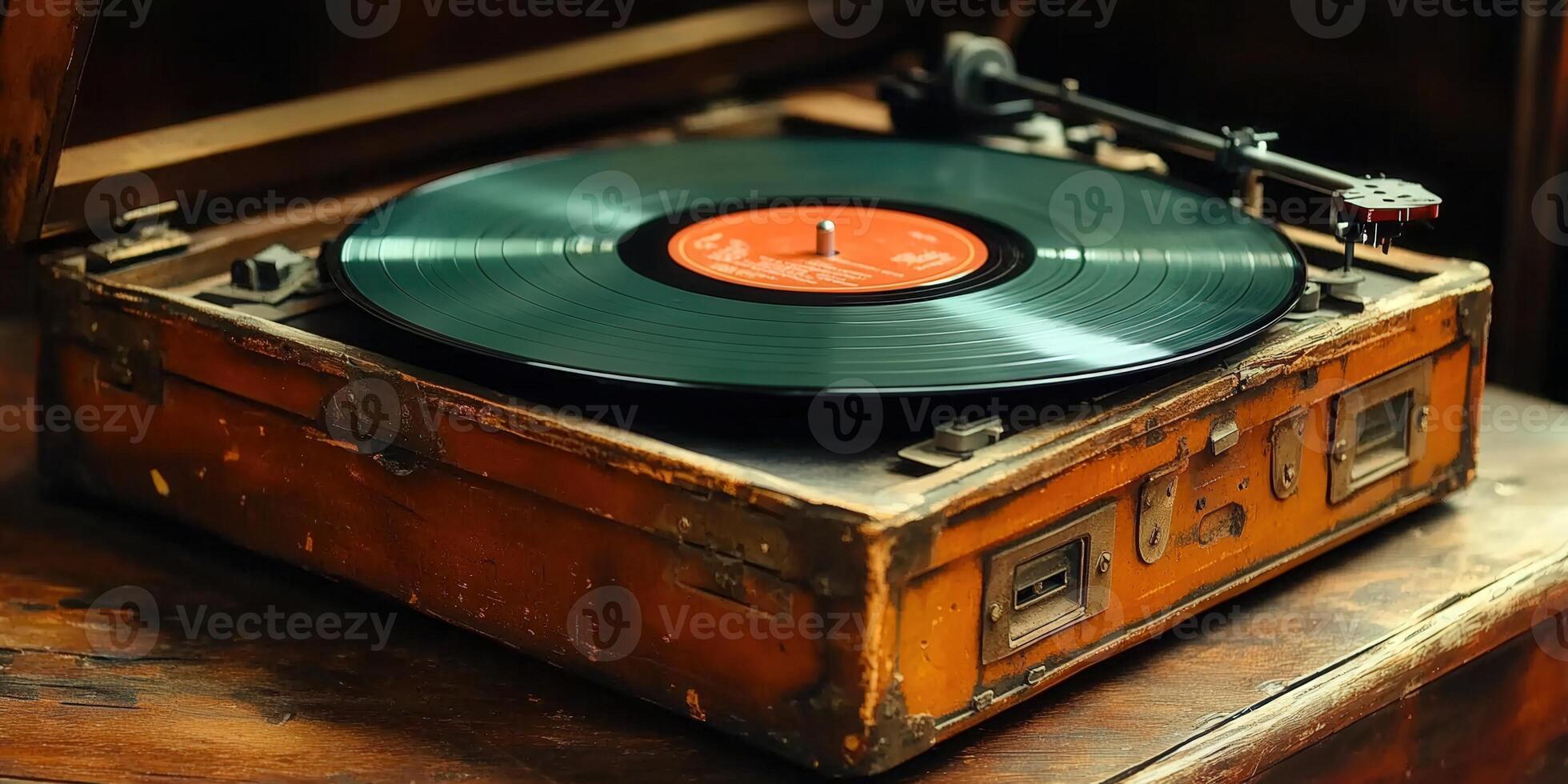 A detailed shot of a vintage record player with a vinyl record on it. photo
