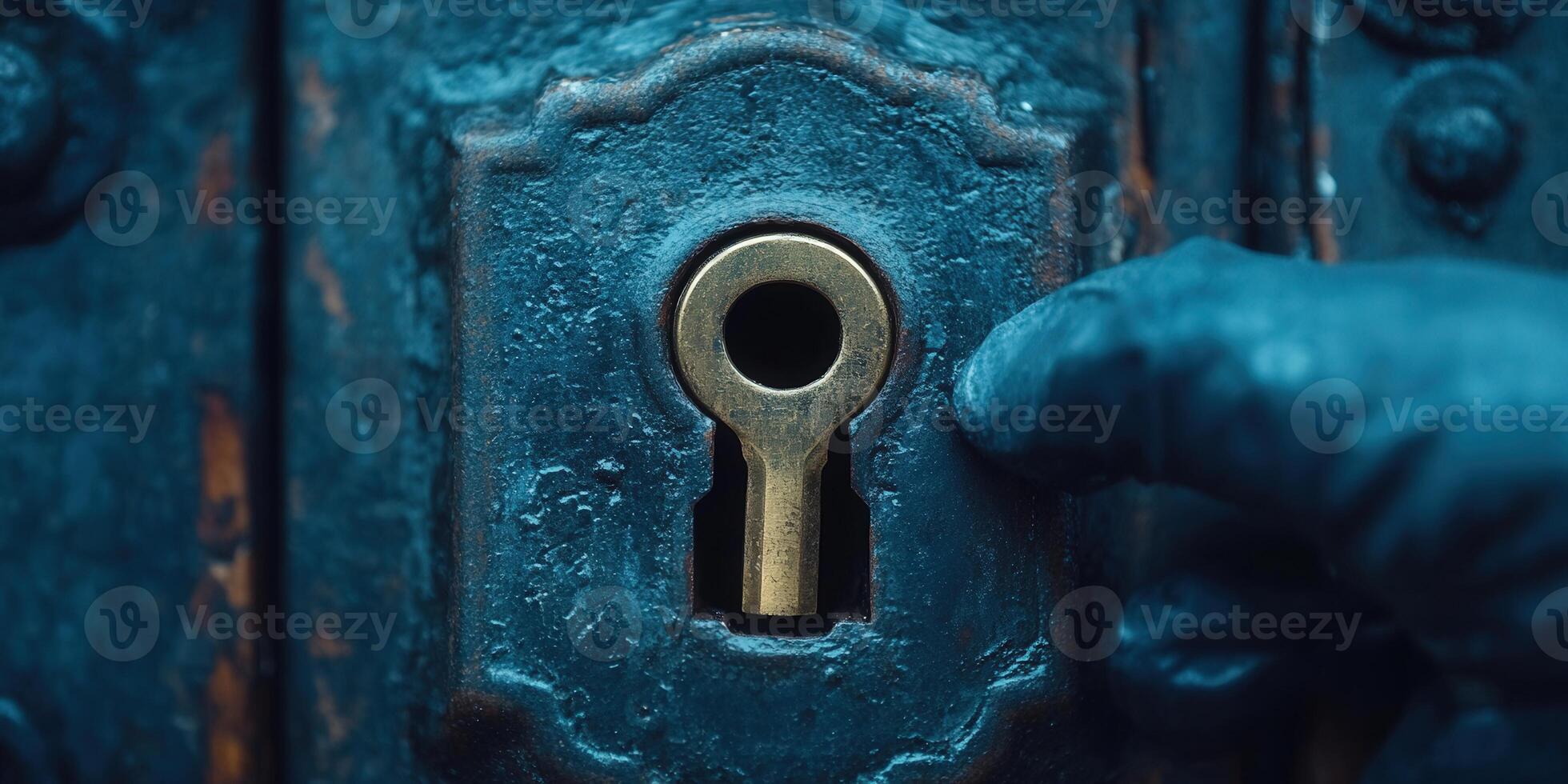 Close-up shot of a hand reaching for a vintage keyhole on an old door. photo