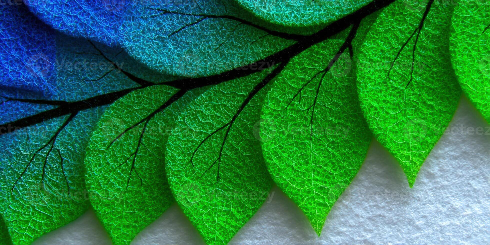 A beautiful image showing a close-up of lush green leaves and a gradient blue background. photo