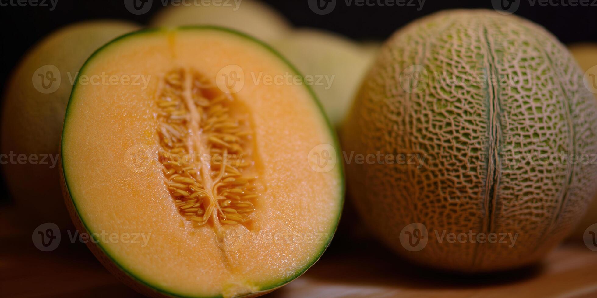 A ripe cantaloupe cut open, showcasing its juicy orange flesh and seeds, perfect for summer. photo