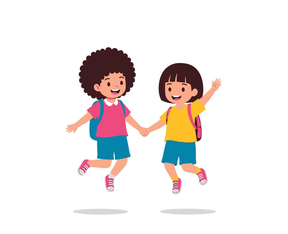 Two children jumping with backpacks and holding hands vector