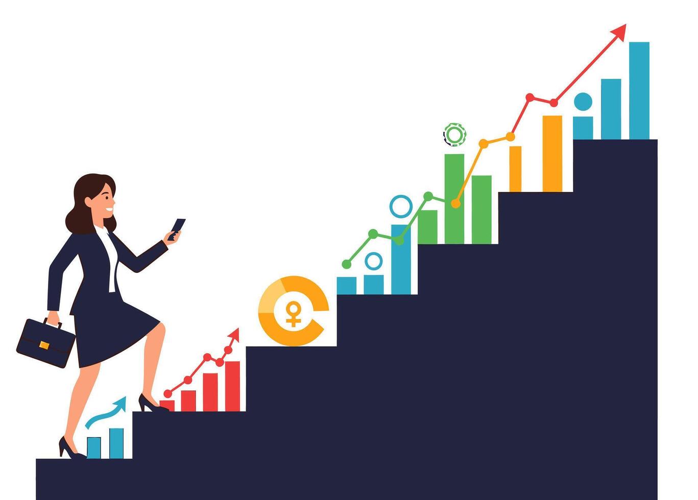 Businesswoman climbing up the stairs with a business graph vector
