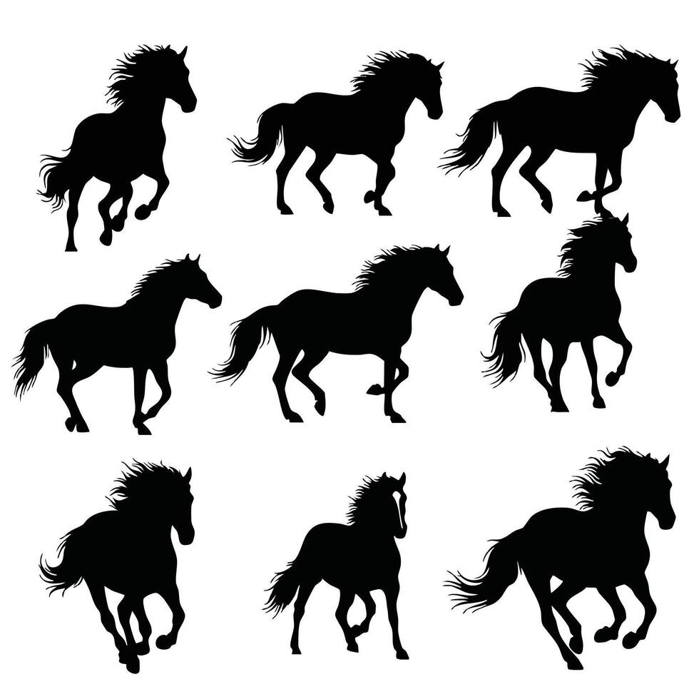 Set of Black Horse Silhouettes Running and Galloping Illustration for Design and Art Projects vector