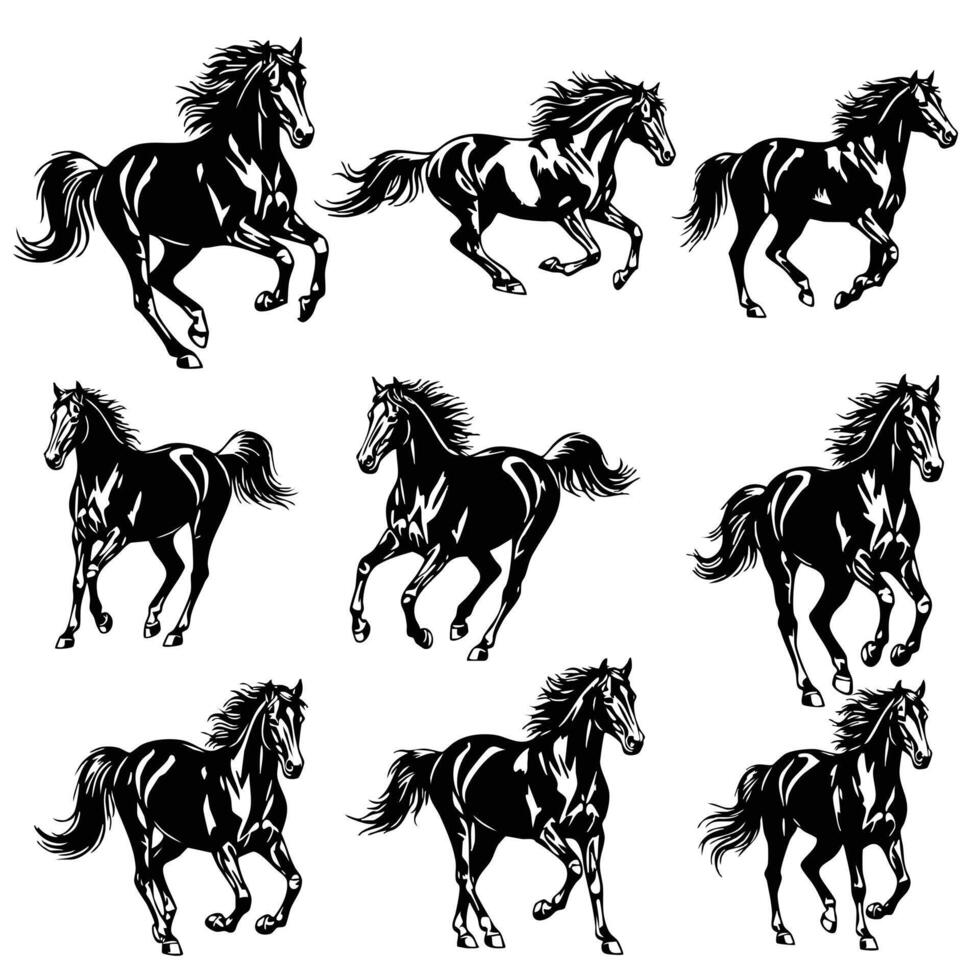 Set of Black Silhouette Running Horses Illustration for Logo, Tattoo, and Design Projects vector